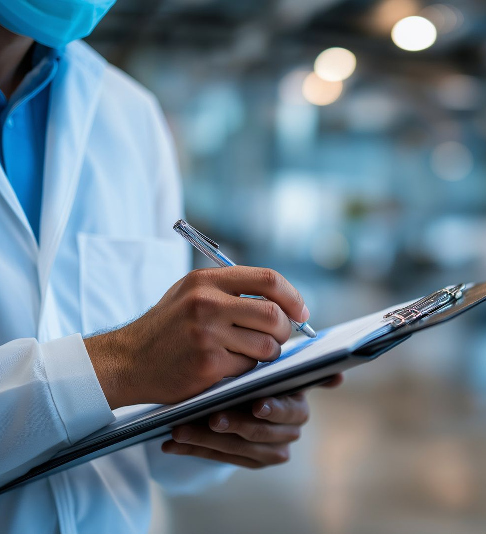 A person in a white lab coat and blue face mask writes on a clipboard in a blurred professional setting.
