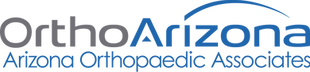 Logo for OrthoArizona, Arizona Orthopaedic Associates, featuring blue text and a swooping arc.