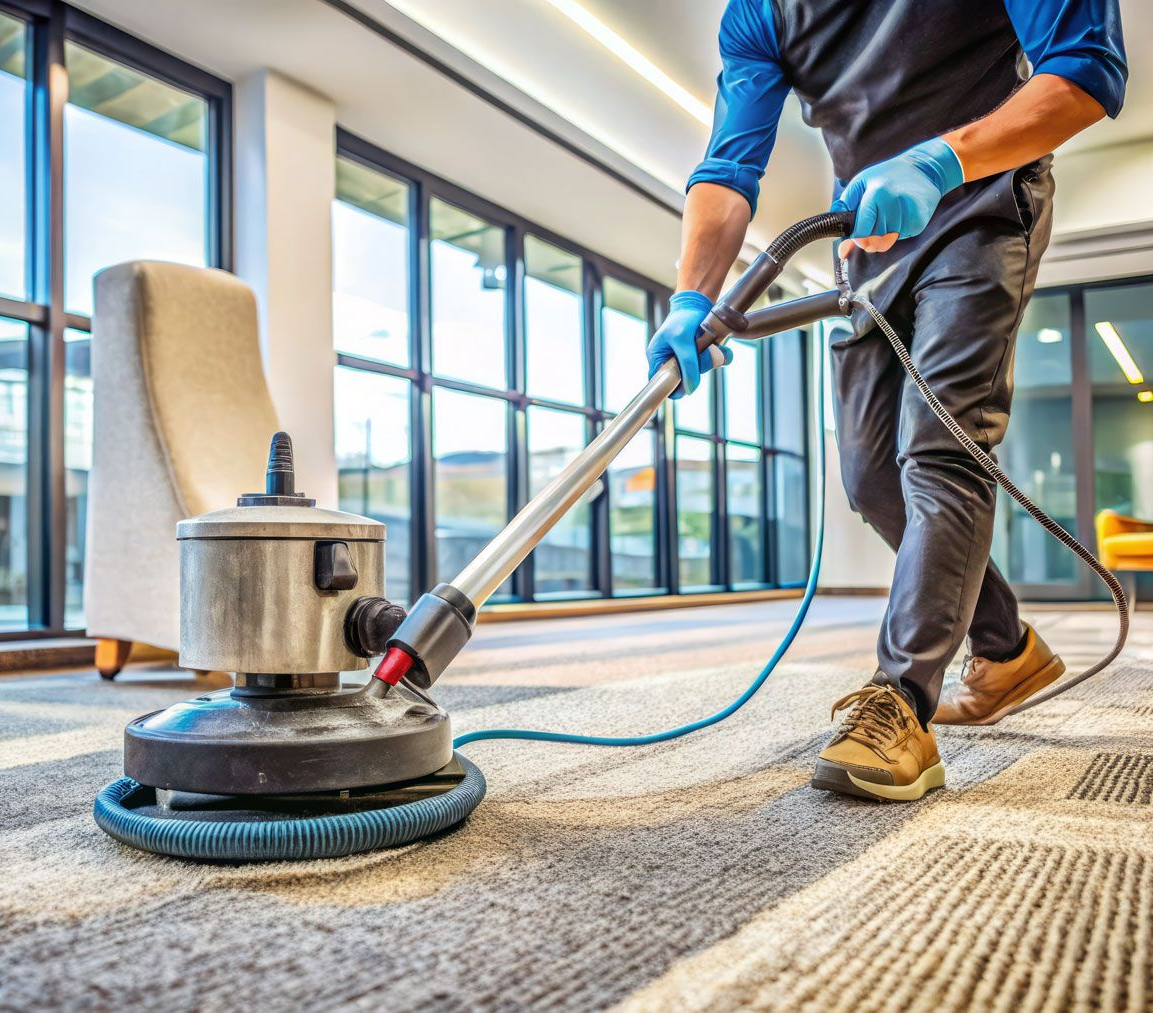 A smiling person in a blue apron and yellow rubber gloves holding a cleaning tool in a bright, indoor setting.