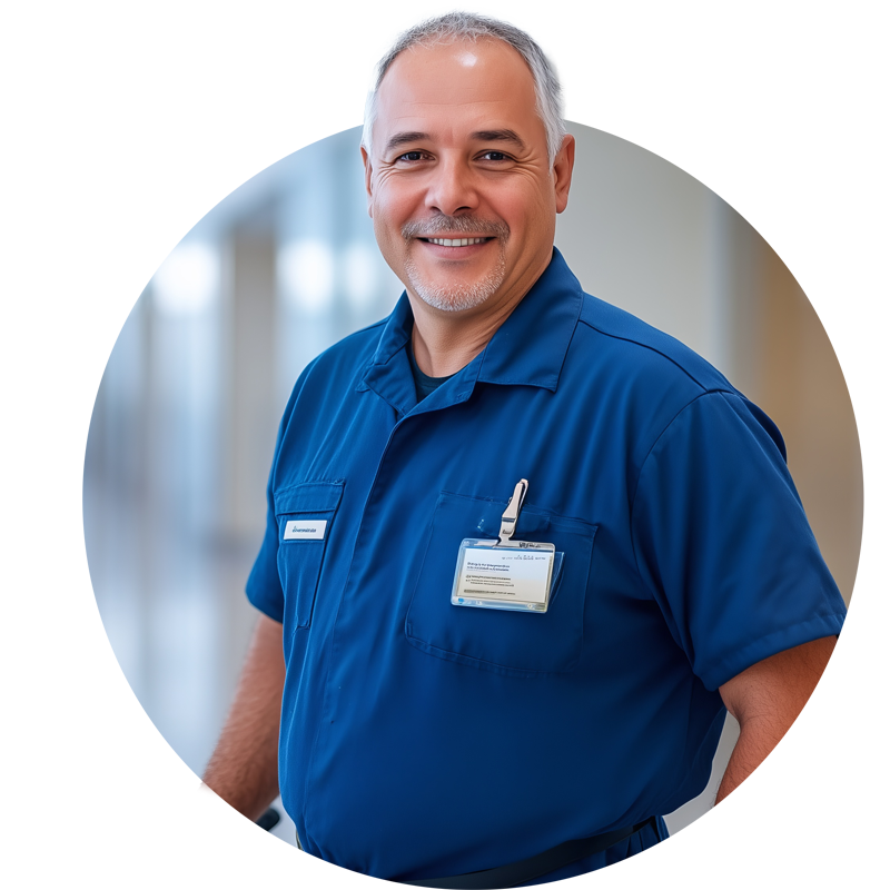A smiling professional in a blue collared shirt with an ID badge, positioned against a soft-focus background.
