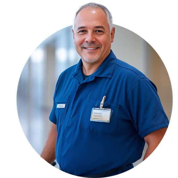 A smiling professional in a blue collared shirt with an ID badge, positioned against a soft-focus background.