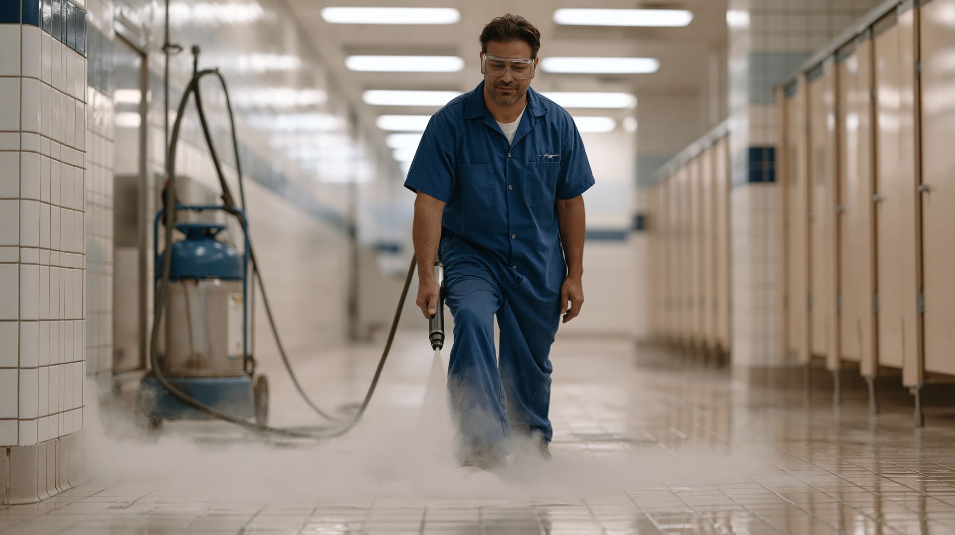 janitor cleaning bathroom grout