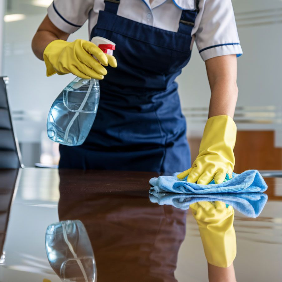 Person cleaning a table with spray bottle and blue cloth, wearing yellow gloves and apron