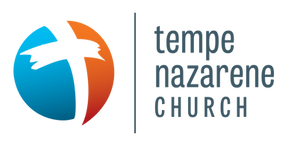 Logo for Tempe Nazarene Church featuring a circle split between blue and orange with a white cross, next to the text.