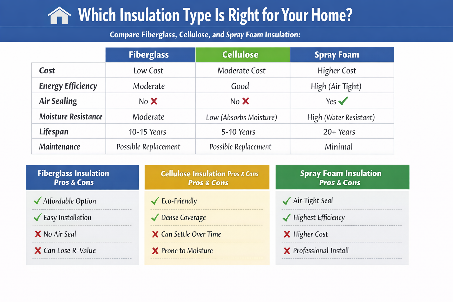 Comparison chart detailing the costs, pros, and cons of fiberglass, cellulose, and spray foam home insulation types.
