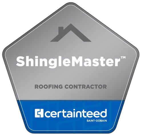 ShingleMaster roofing contractor badge. Grey and blue pentagon with