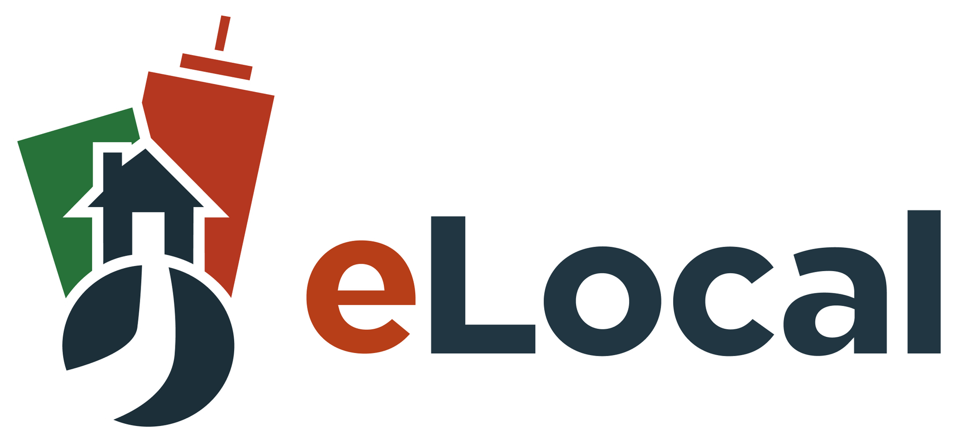 ELocal logo with stylized buildings, house, and a crescent shape. Text