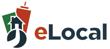 Logo with a stylized house and building,