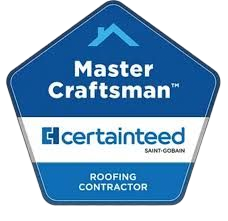 Blue CertainTeed Master Craftsman Roofing Contractor badge.