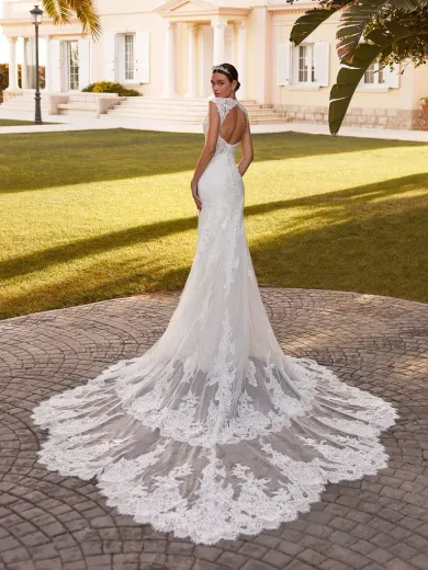 Sposa in un abito da sposa in pizzo bianco con lungo strascico