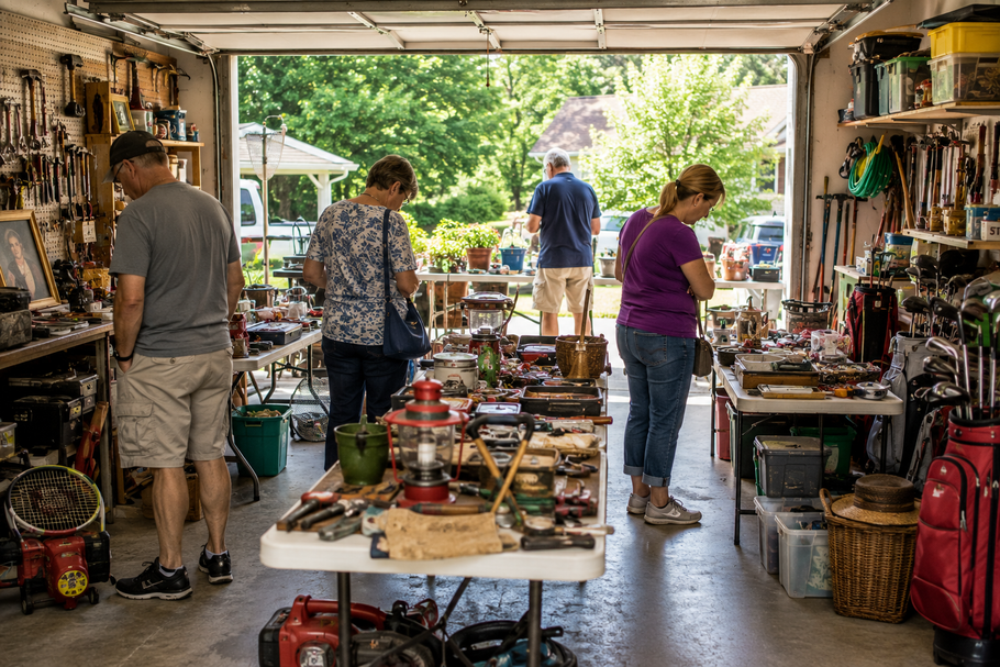 People browsing assorted antiques at a crowded garage sale in an open garage.