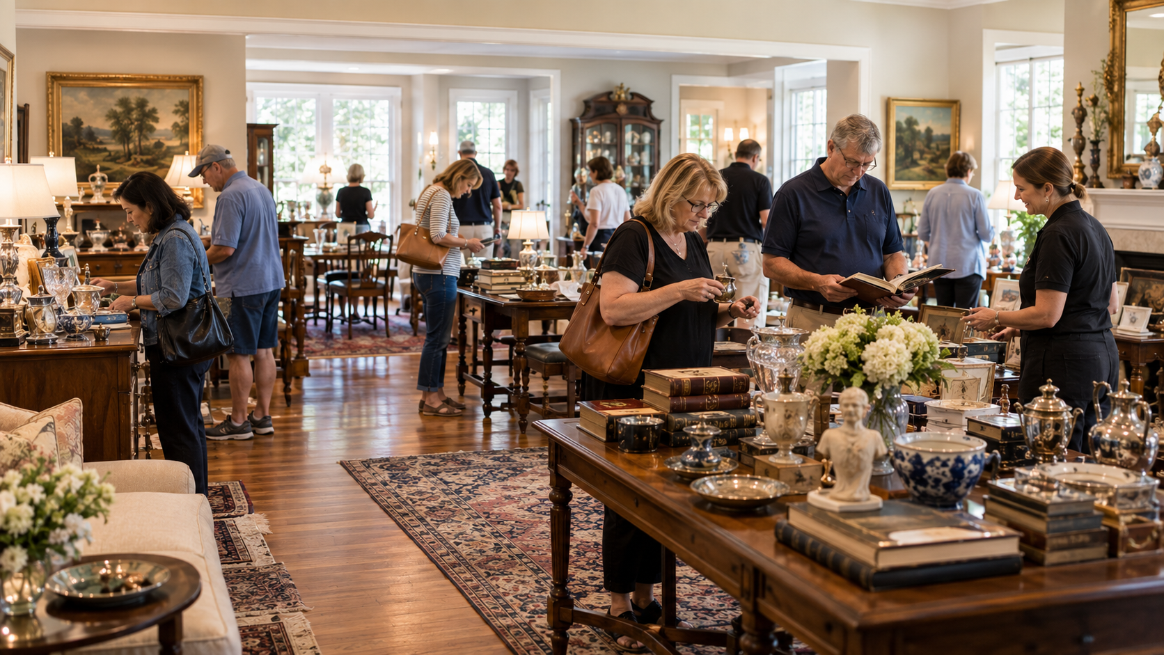 People browsing antiques in a bright shop with wooden floors and large display tables