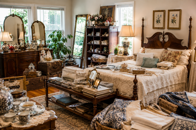 Cozy vintage bedroom with a carved wood bed, floral bedding, antique decor, and warm lamps by bright windows