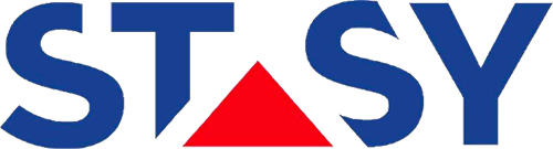 A blue and red logo for stasy with a red triangle in the middle