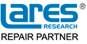 A blue and white logo for a company called ares research repair partner.