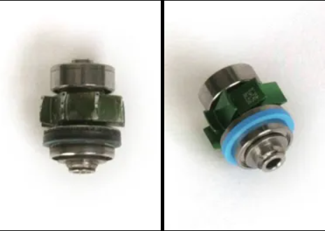 Two pictures of a metal object with a blue ring around it