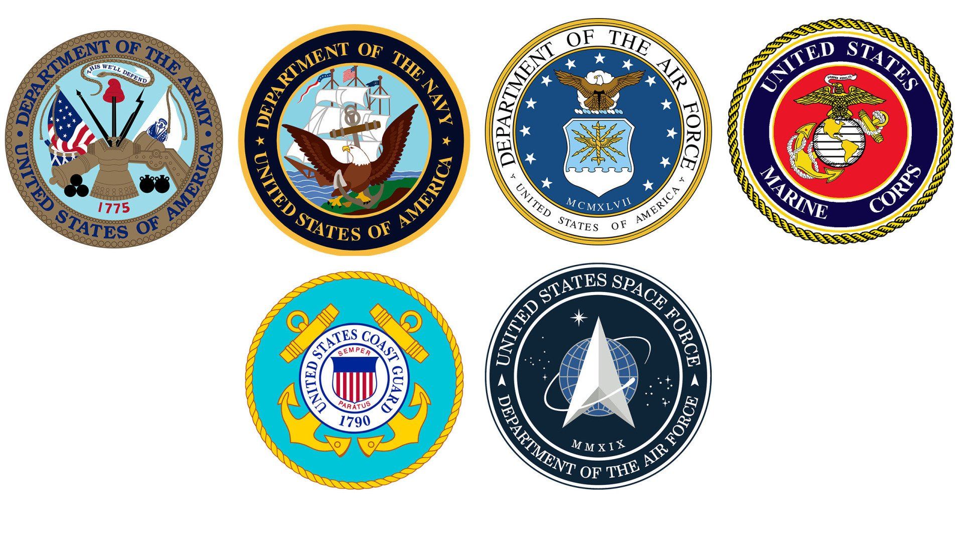 A set of united states military seals on a white background