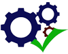 Three gears and a green check mark on a white background.