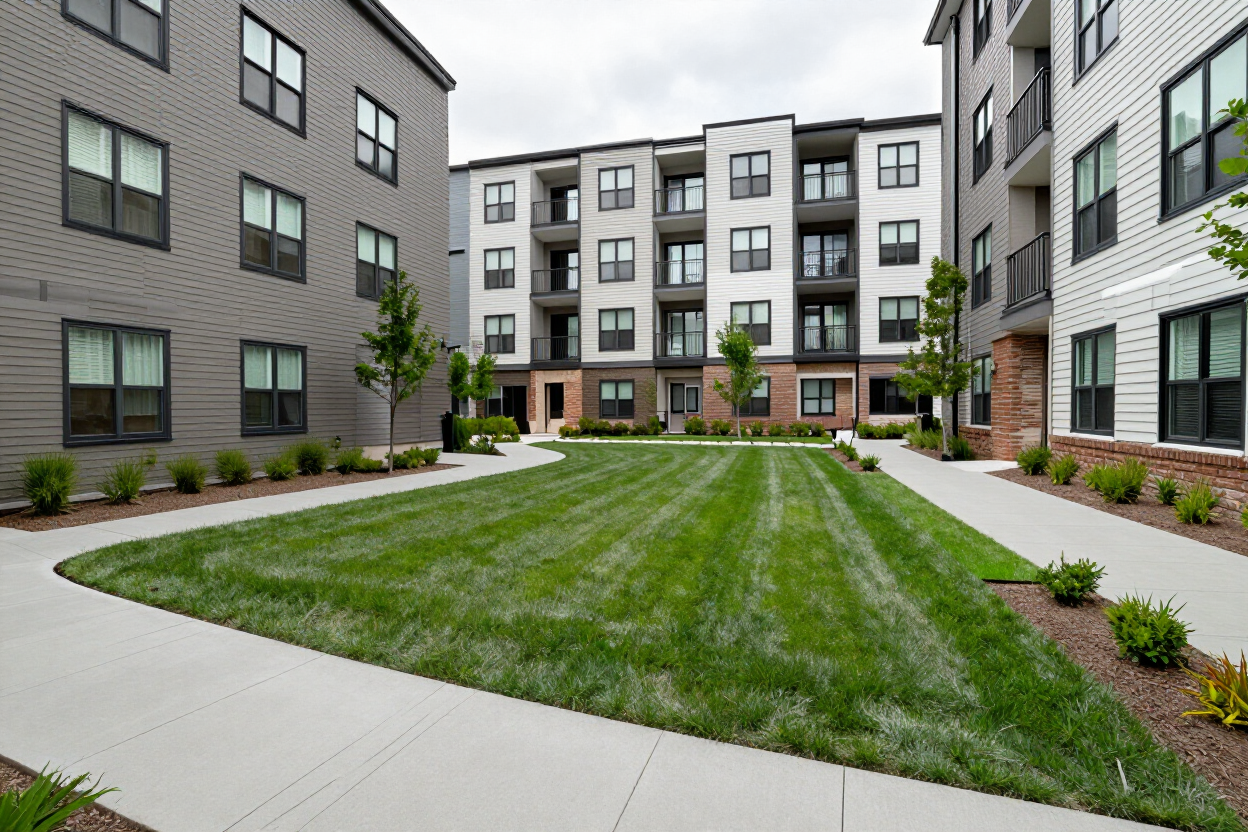 Mowed and edged commercial apartment courtyard