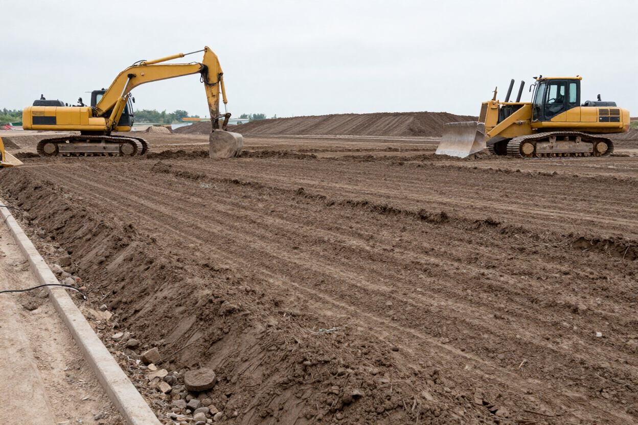Cleared and graded land parcel with equipment