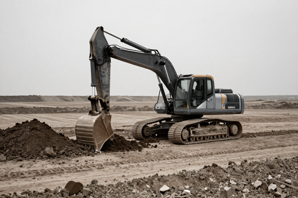 Excavator moving dirt on a cleared lot