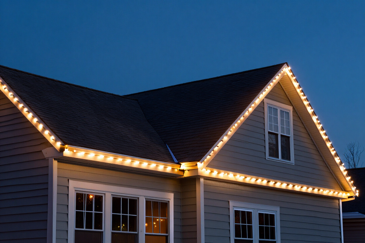 Commercial property decorated with Christmas lights