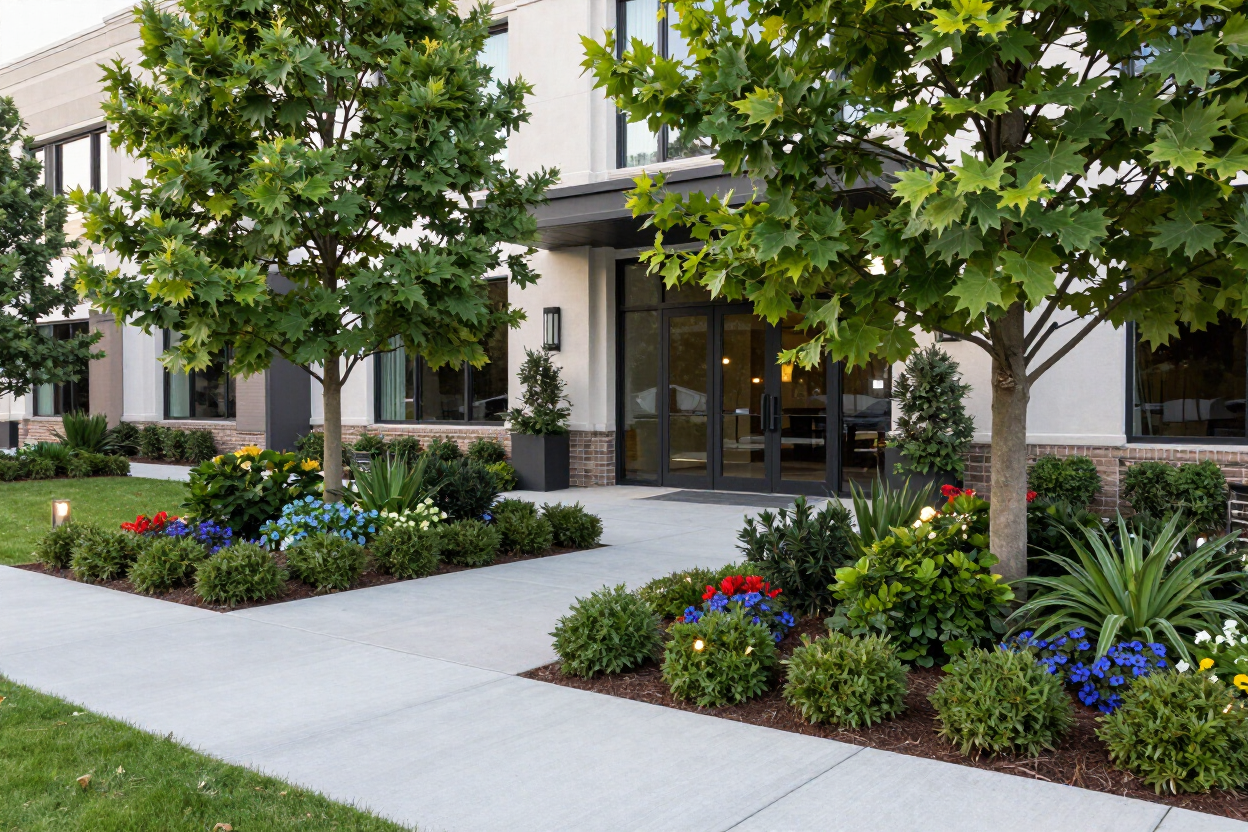 Landscaped front yard and commercial entrance