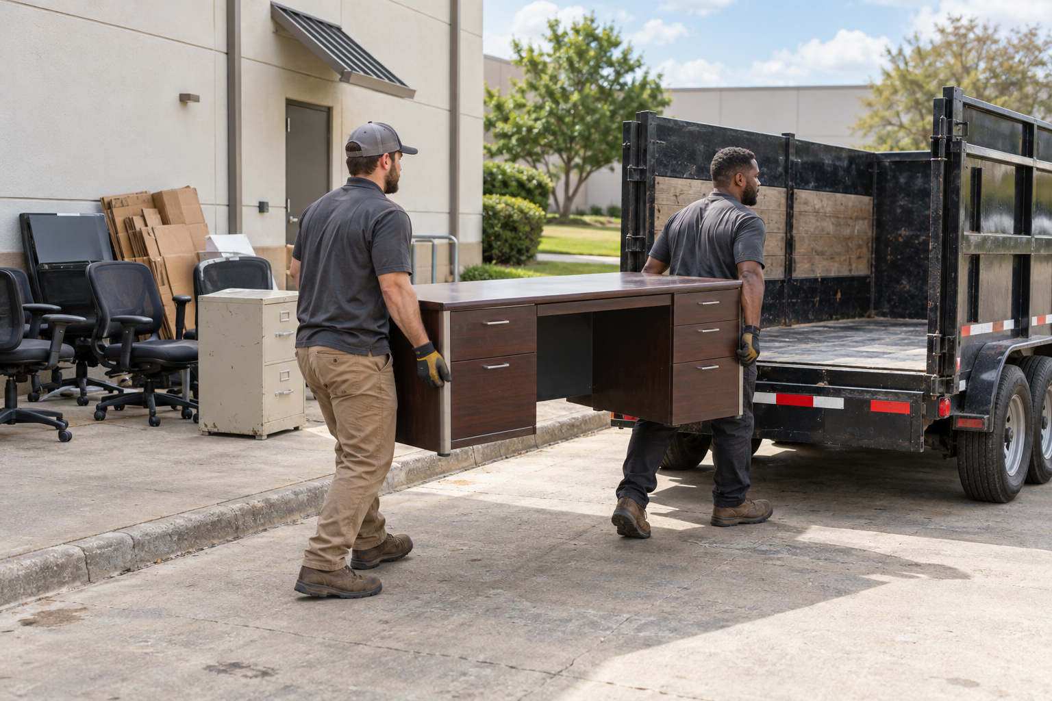 Commercial property cleanup with debris being cleared