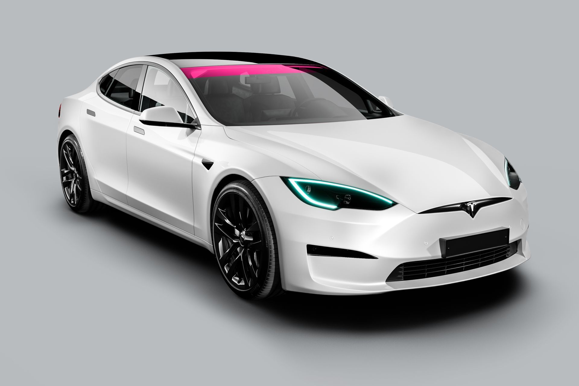 White Tesla sedan with black wheels and teal headlights on a gray background