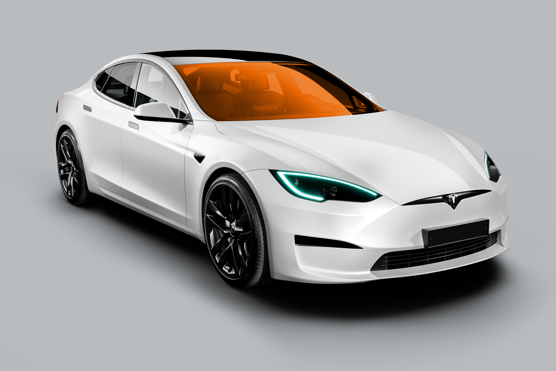 White Tesla sedan with black wheels and teal headlights on a gray background
