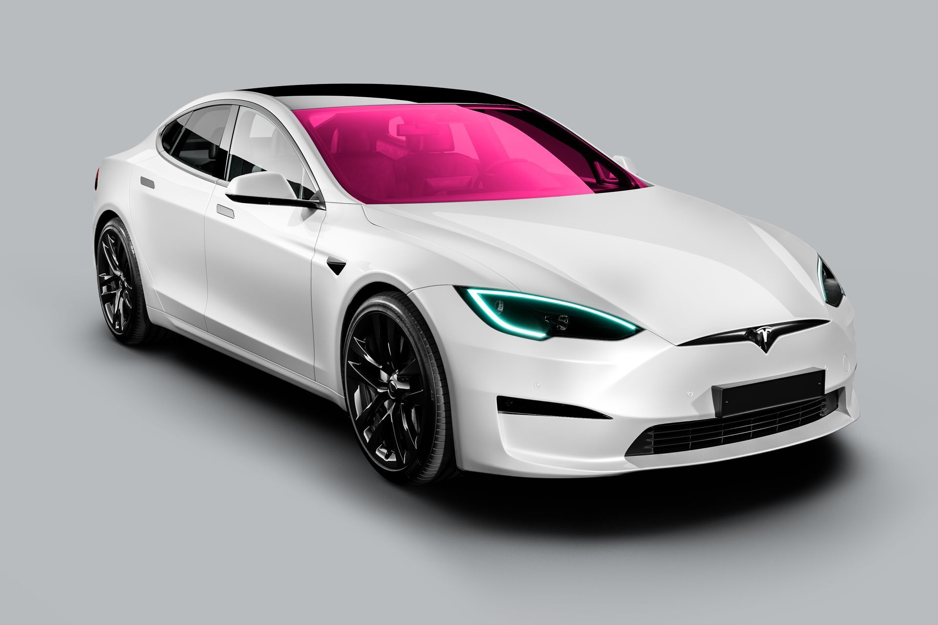 White Tesla sedan with black wheels and pink-tinted windows on a gray background