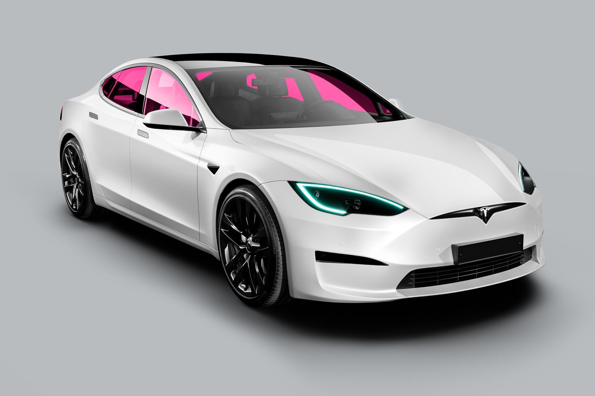 White Tesla sedan with pink-tinted windows and black wheels on a gray background