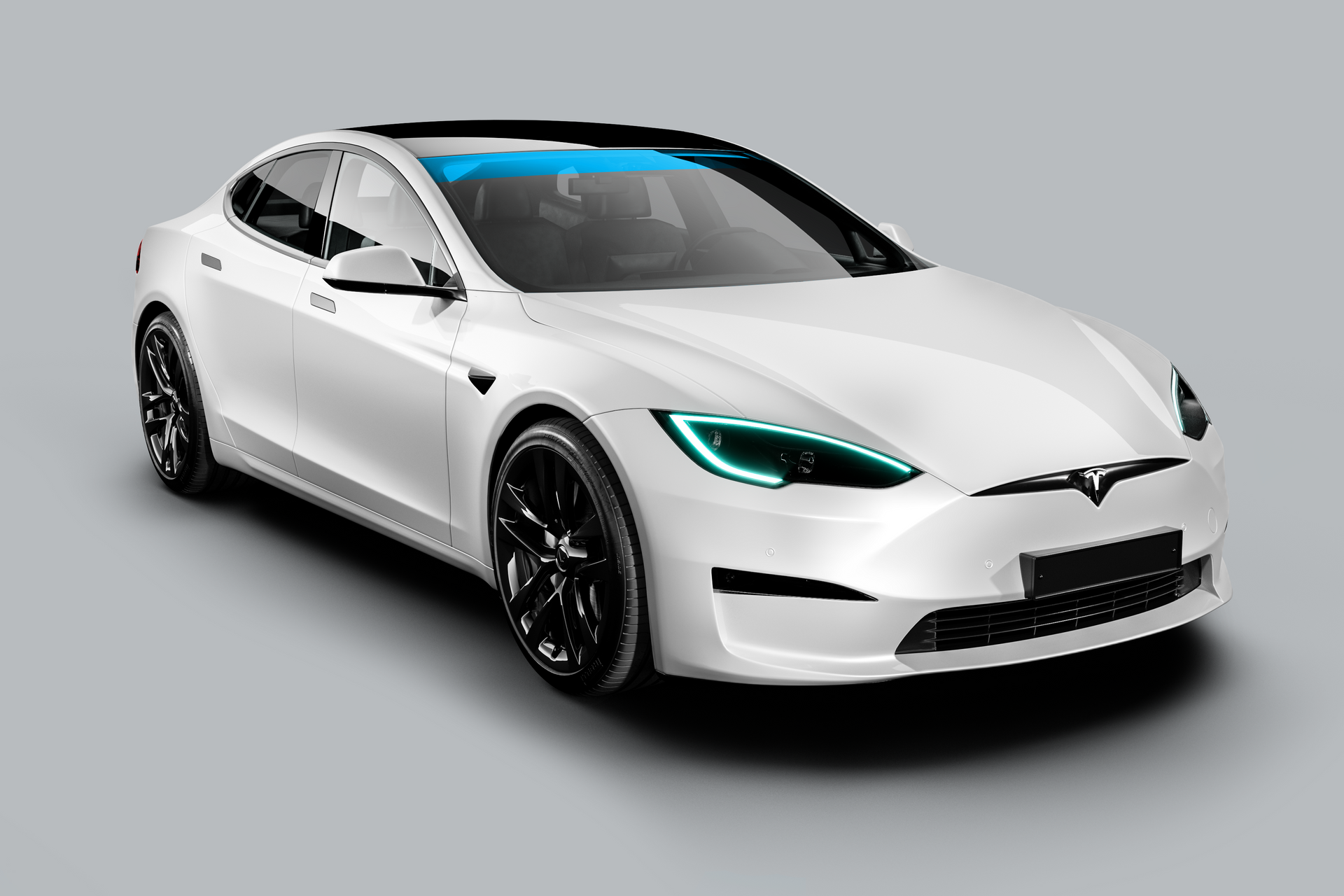 White Tesla sedan on a gray background, angled front view with teal-tinted headlights.