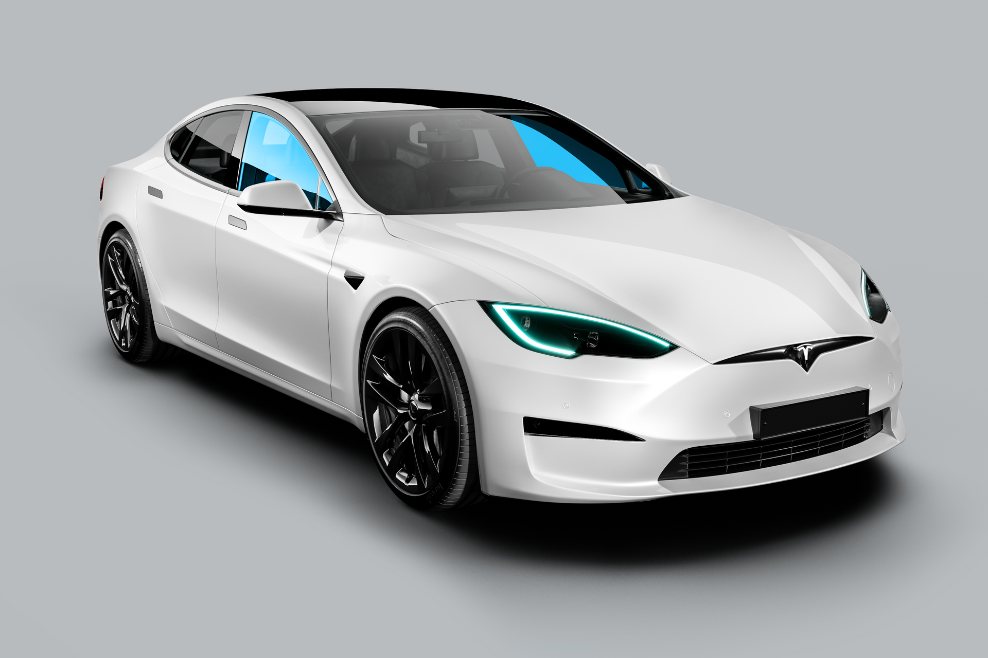 White Tesla sedan with black wheels and turquoise headlights on a gray background