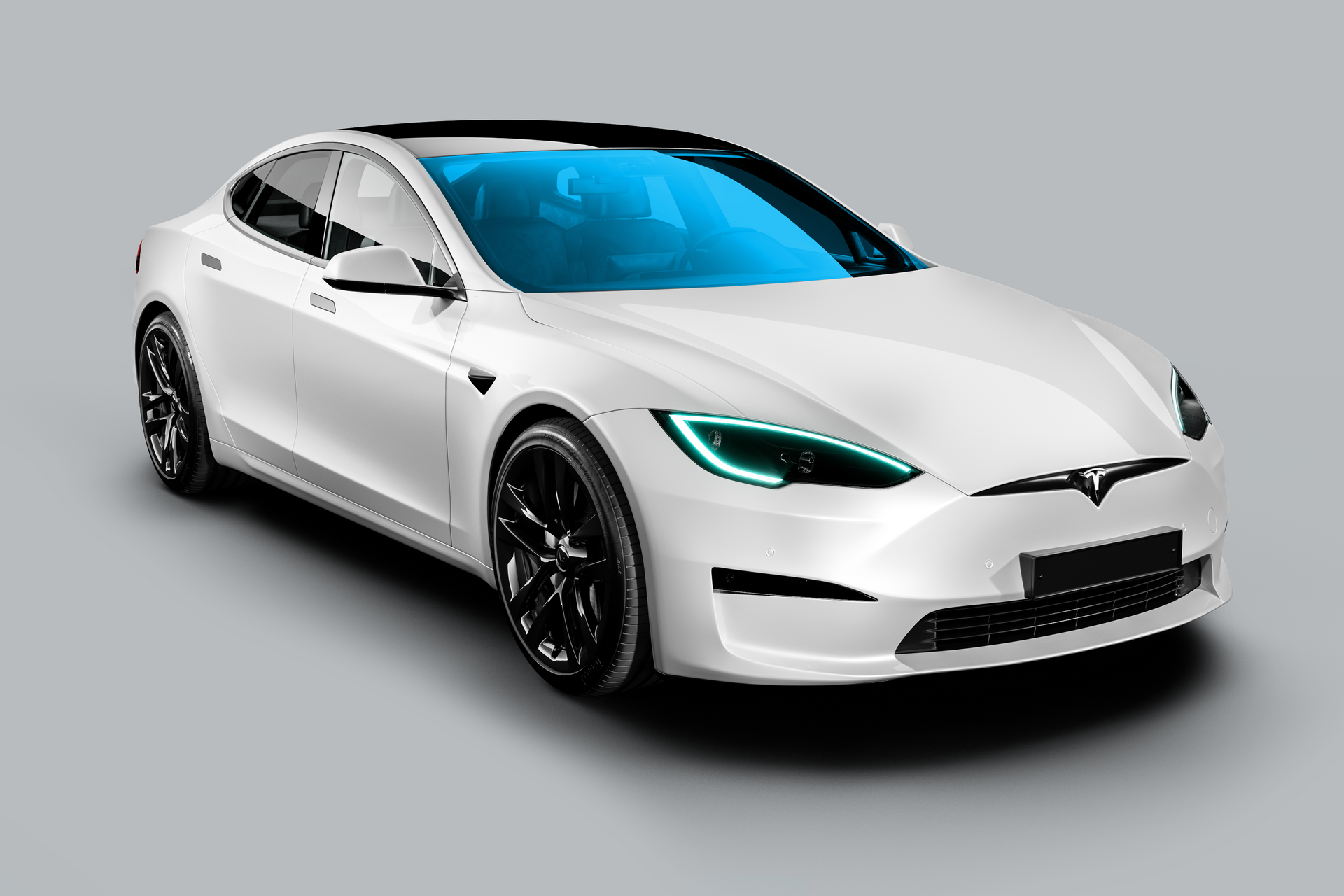 White Tesla sedan on a gray background, angled front view with blue-tinted windshield and black wheels
