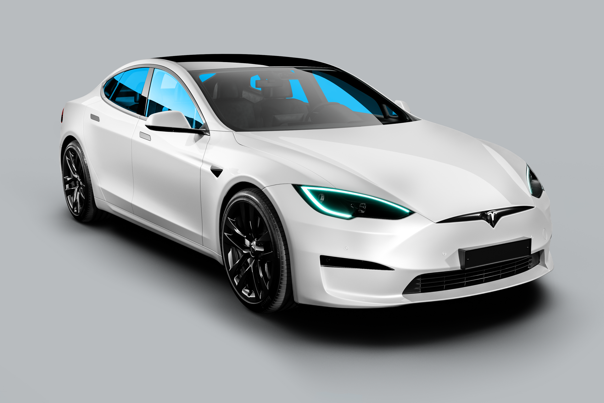 White Tesla Model S electric sedan on a light gray background, angled front-left view with teal headlights.