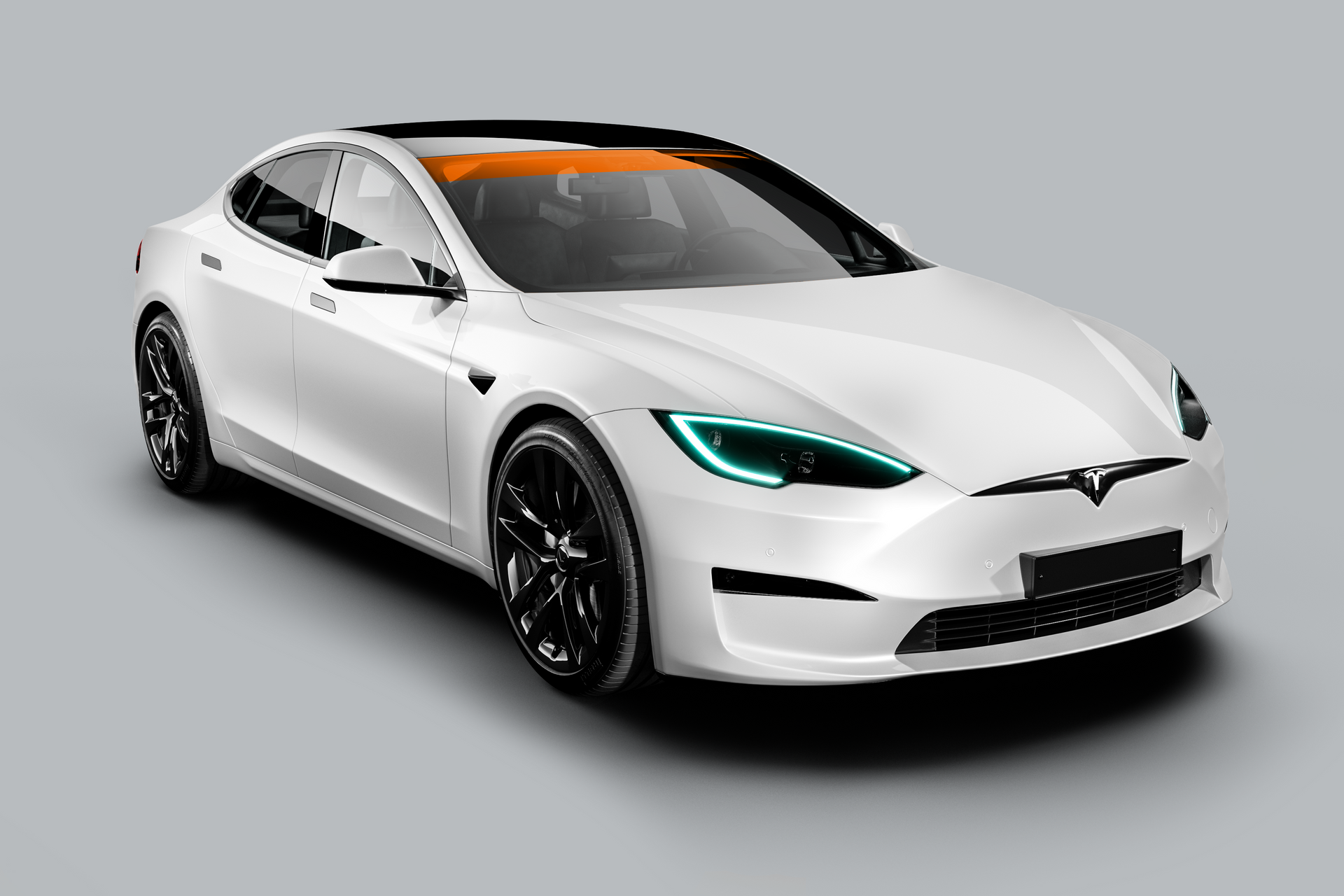 White Tesla Model S on gray background with black wheels and turquoise headlights