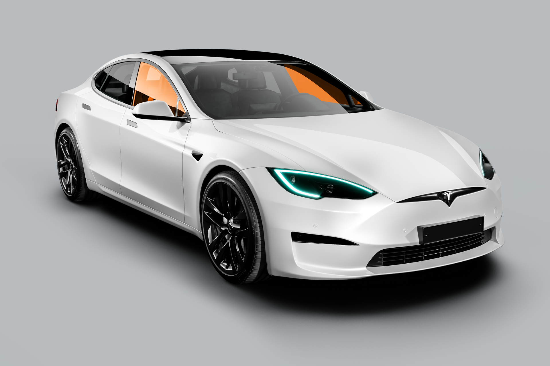 White Tesla sedan with black wheels and teal headlights on a gray background