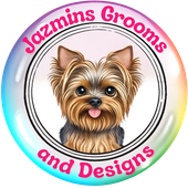 Jazmins Grooms and Designs logo with a Yorkshire terrier in a circular pastel border