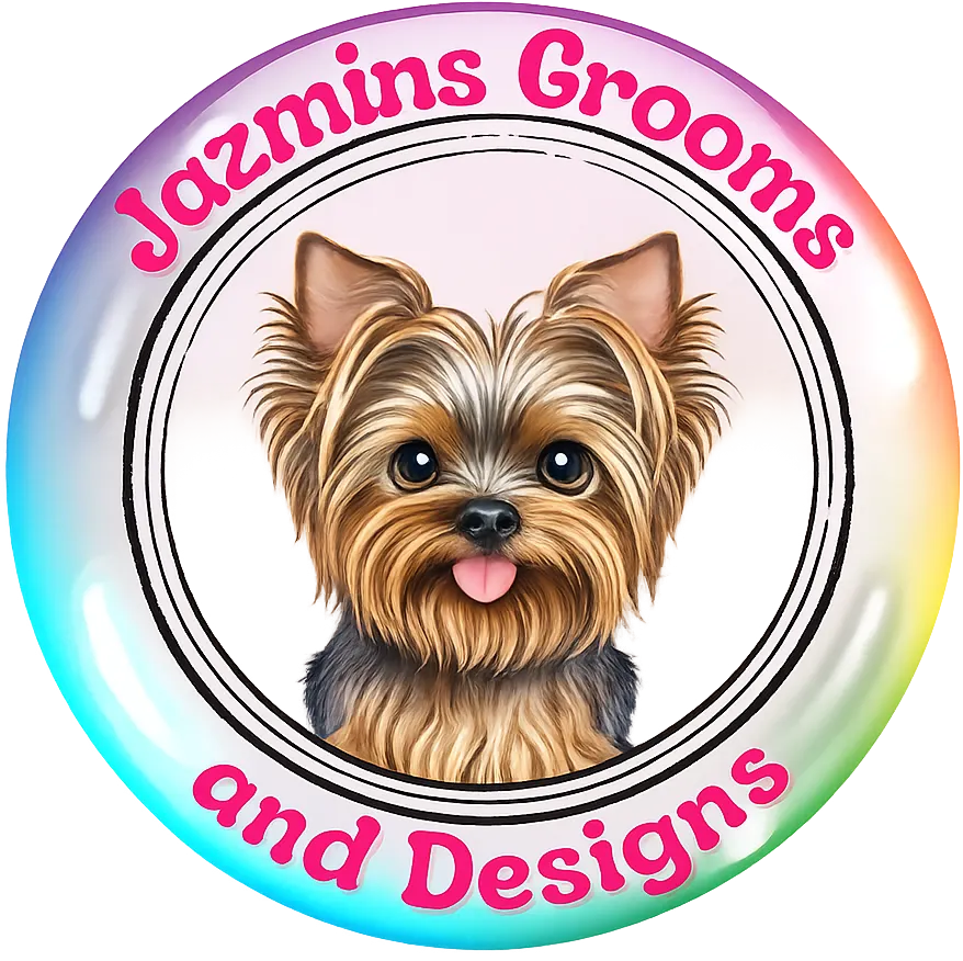 Jazmins Grooms and Designs logo with a Yorkshire terrier in a circular pastel border