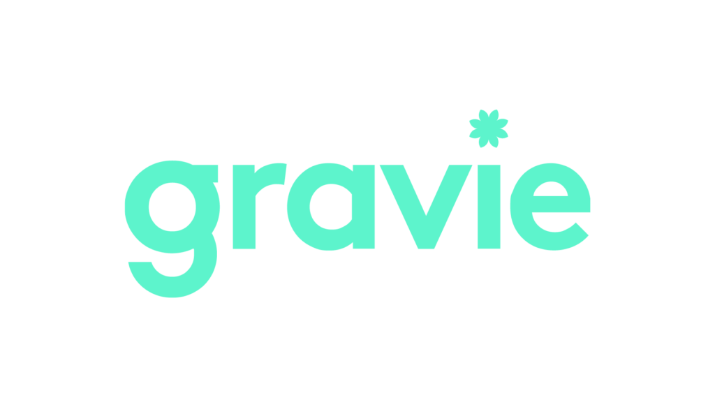 Teal “gravie” logo with a small starburst above the i