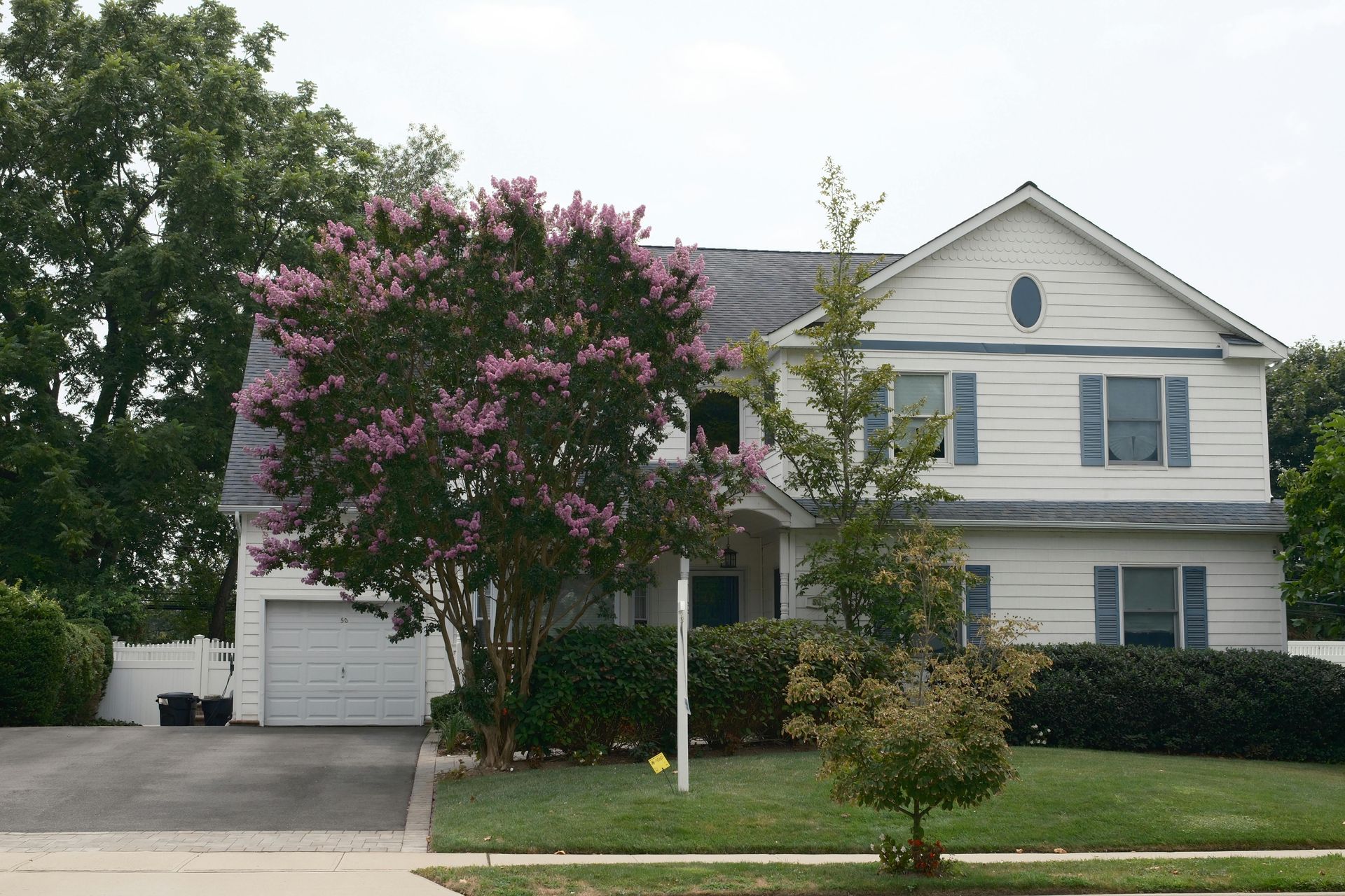 Suburban two-story house with white siding, blue shutters, a pink flowering tree, and a garage driveway