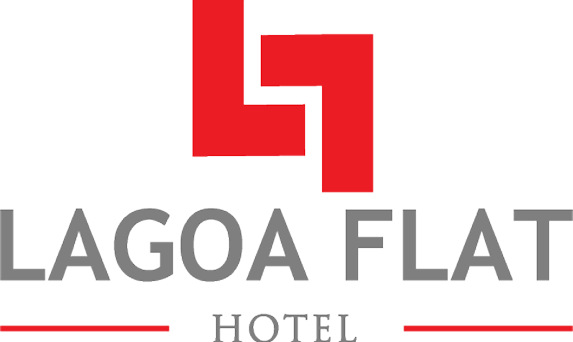 Logotipo do Lagoa Flat Hotel com ícone geométrico vermelho e texto cinza sobre fundo branco.