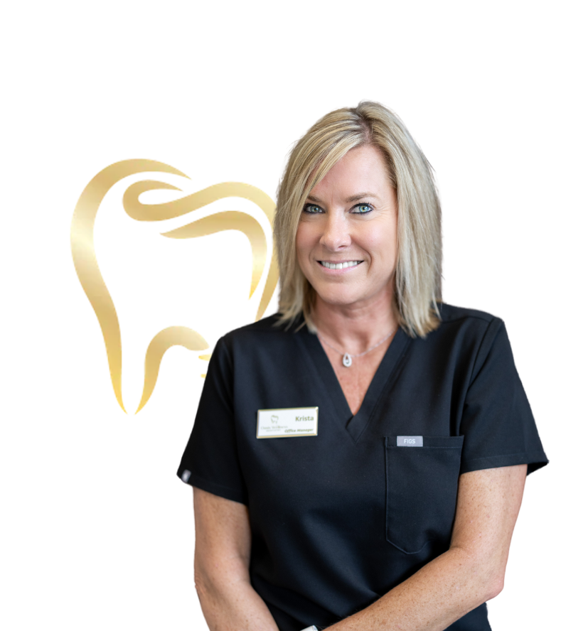 Woman in black scrubs smiles next to a gold tooth logo.