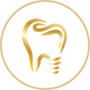 Gold tooth and dental implant icon within a gold circle.