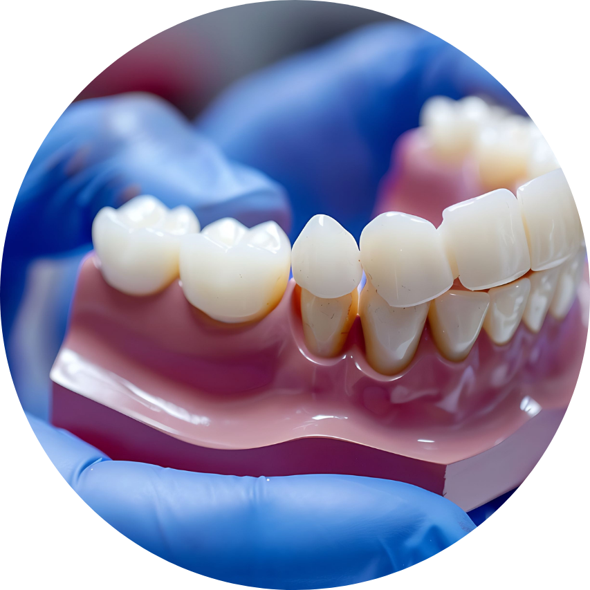 A dental model of teeth being held by hands in blue gloves.