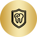 Tooth icon inside a shield, set against a gold circle.
