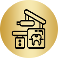 Dental X-ray machine showing a tooth. Black outline on a gold background.