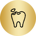 Tooth with a chipped top, inside a gold circle.