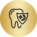Tooth with shield icon, inside a gold circle.